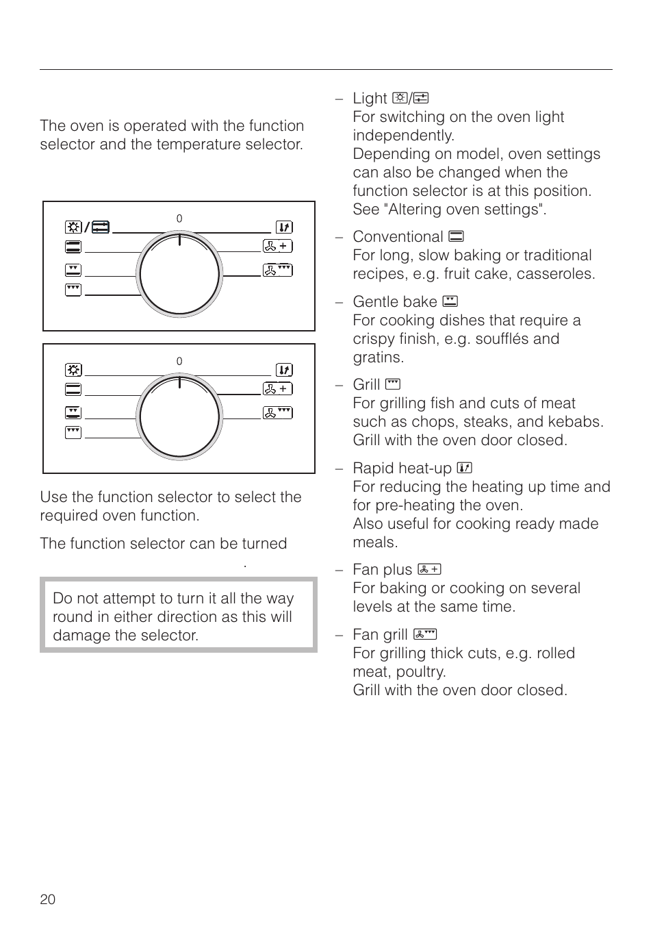 Using the oven 20, Controls 20, Function selector 20 | Using the oven, Controls | Miele H 4150 User Manual | Page 20 / 76