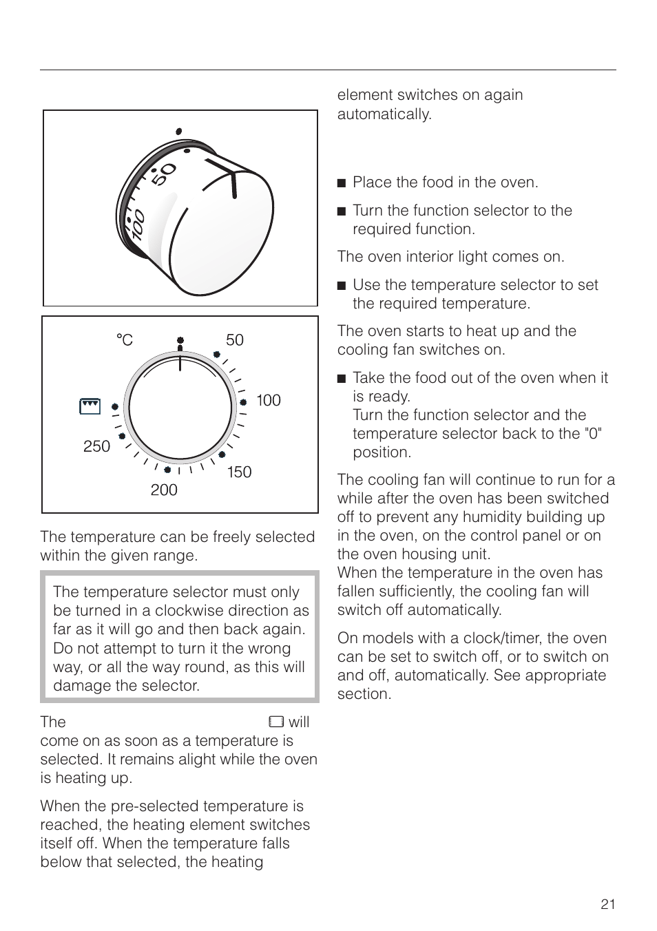 Temperature selector 21, Using the oven 21, Using the oven | Miele H 4150 User Manual | Page 21 / 76