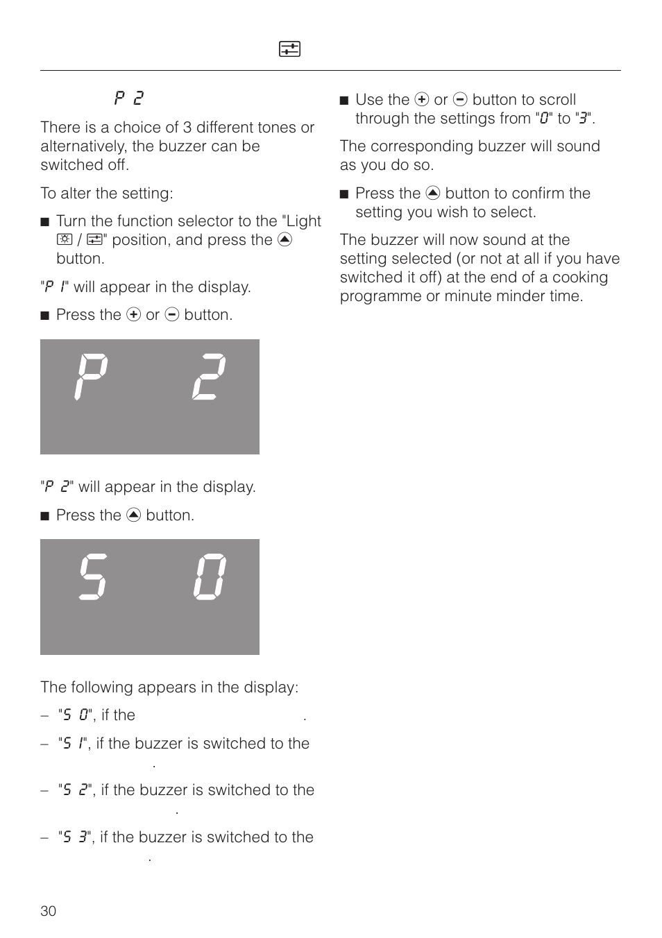 Buzzer ( p 2 ) 30, Altering oven settings v, Buzzer ( p 2 ) | Miele H 4150 User Manual | Page 30 / 76