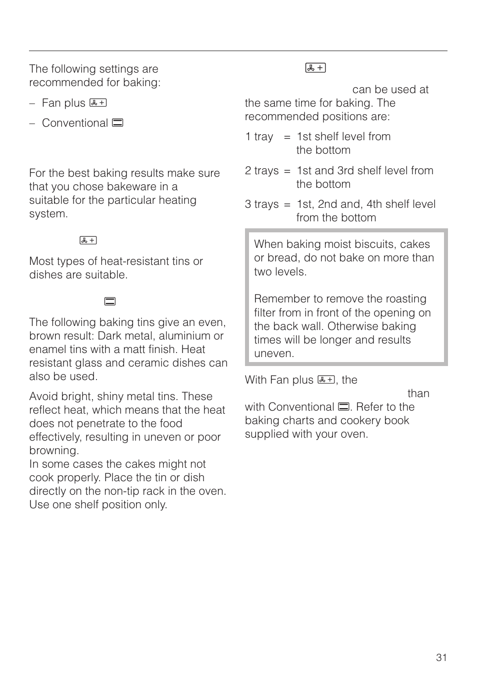 Baking 31, Baking, Bakeware | Fan plus y | Miele H 4150 User Manual | Page 31 / 76