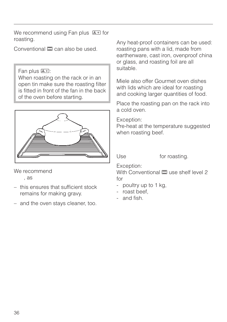 Roasting 36, Roasting, Roasting containers | Shelf levels | Miele H 4150 User Manual | Page 36 / 76