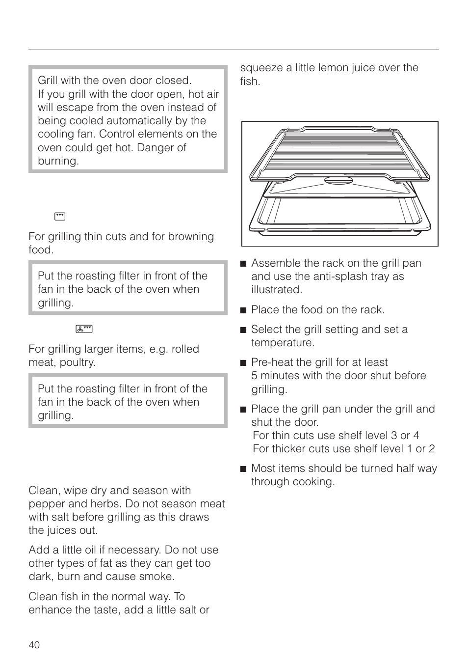 Grilling 40, Grilling, Grill settings | Preparing food for grilling, Grilling on the rack | Miele H 4150 User Manual | Page 40 / 76