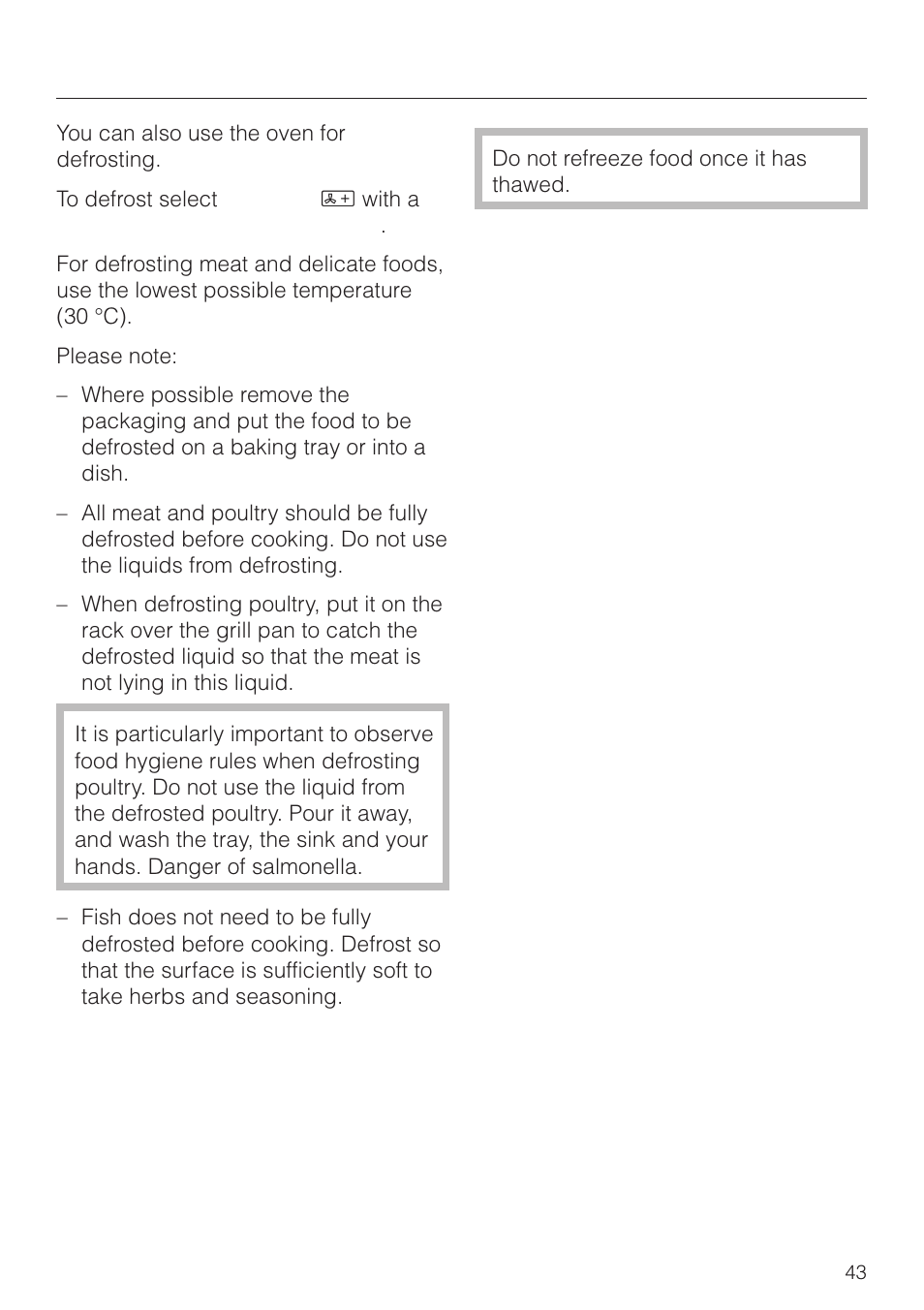 Defrosting 43, Defrosting | Miele H 4150 User Manual | Page 43 / 76