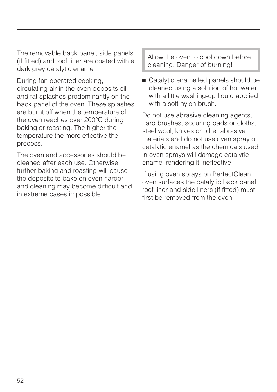 Catalytic enamel surfaces 52, Cleaning and care, Catalytic enamel surfaces | Miele H 4150 User Manual | Page 52 / 76