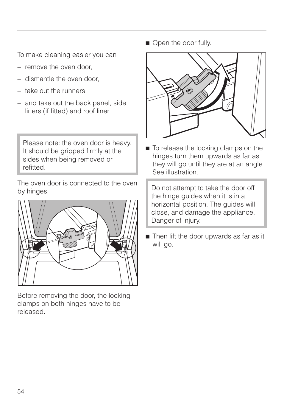 Oven interior 54, To remove the oven door 54, Cleaning and care | Oven interior | Miele H 4150 User Manual | Page 54 / 76
