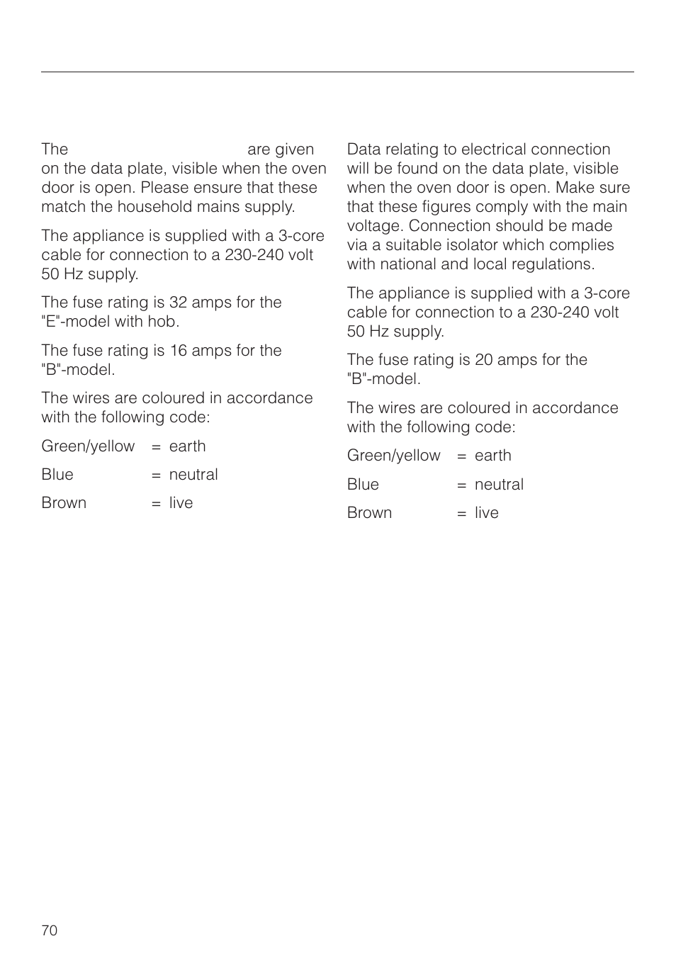 Electrical connection uk, irl, za | Miele H 4150 User Manual | Page 70 / 76