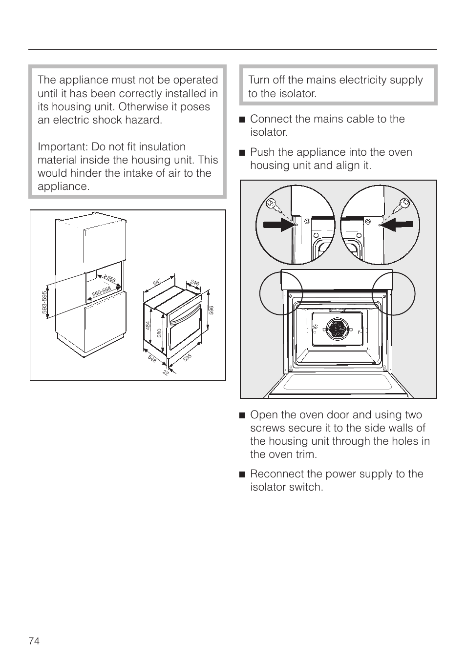 Installing the oven 74, Installing the oven | Miele H 4150 User Manual | Page 74 / 76