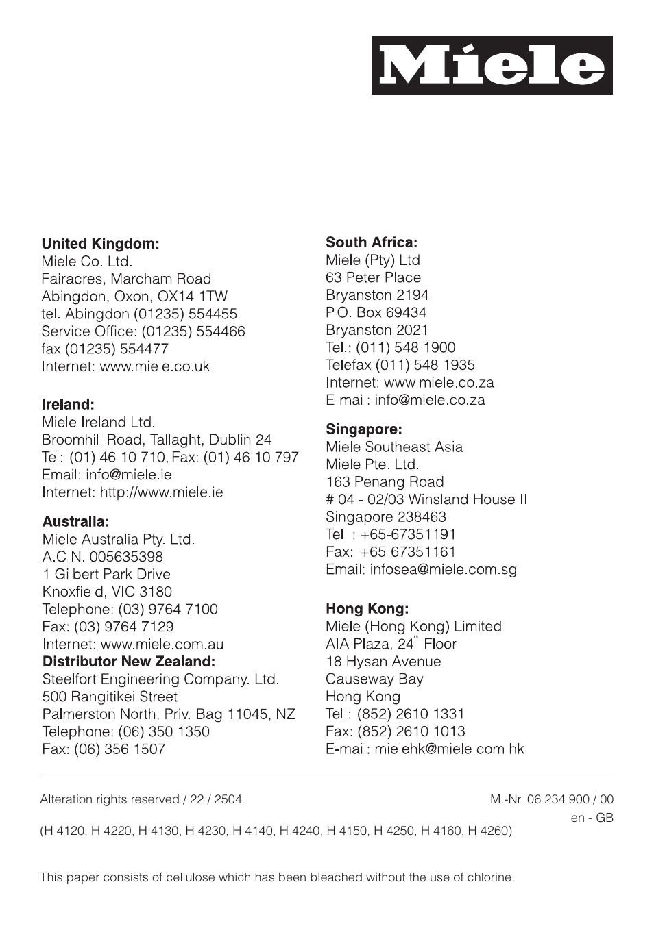 Miele H 4150 User Manual | Page 76 / 76