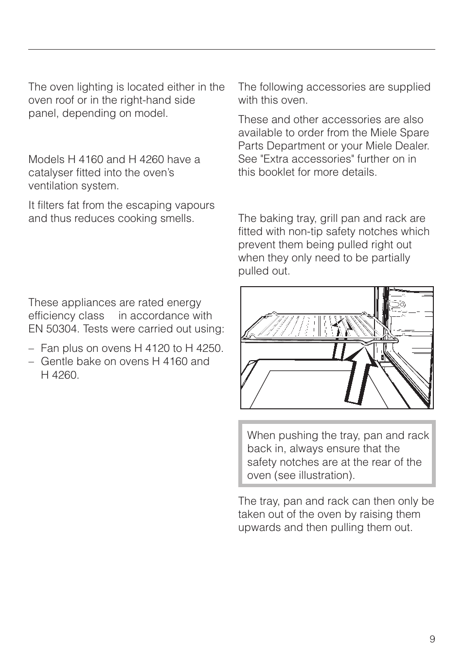 Accessories 9, Baking tray, grill pan and rack 9, Description of the appliance | Accessories | Miele H 4150 User Manual | Page 9 / 76
