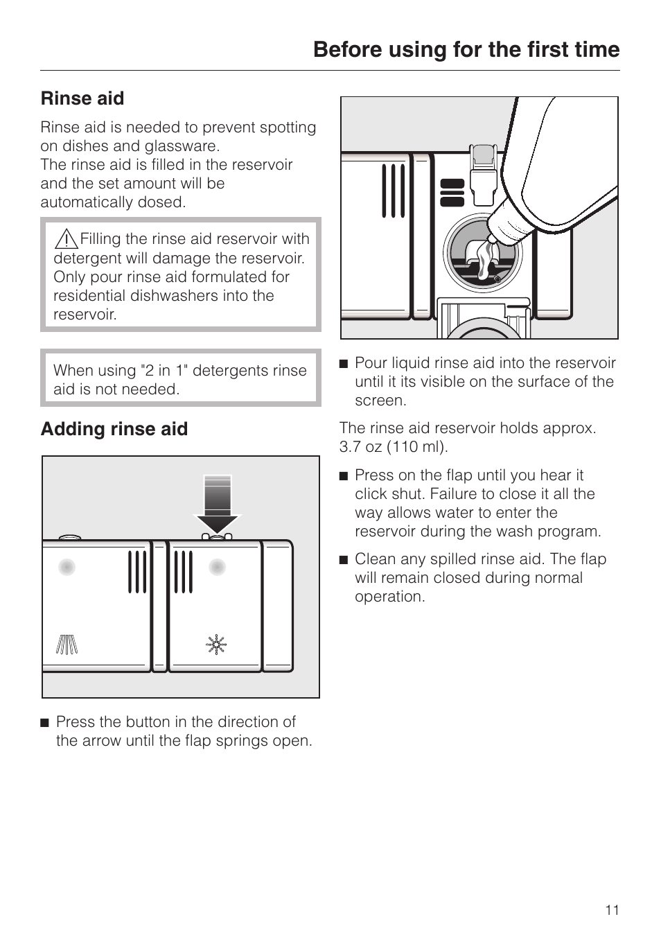 Rinse aid 11, Adding rinse aid 11, Before using for the first time | Rinse aid, Adding rinse aid | Miele INSPIRA SERIES G 2150 User Manual | Page 11 / 52