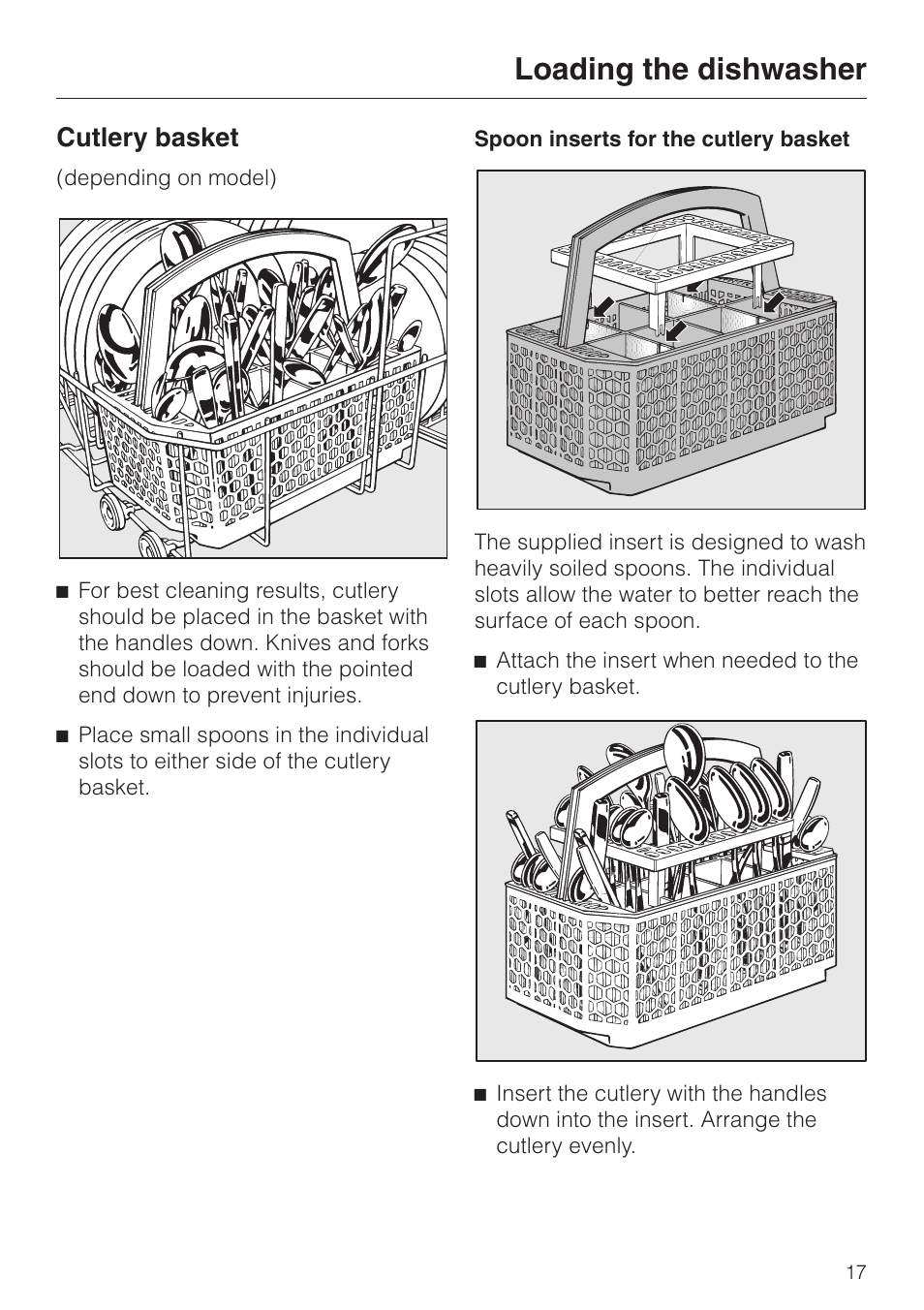 Cutlery basket 17, Loading the dishwasher, Cutlery basket | Miele INSPIRA SERIES G 2150 User Manual | Page 17 / 52