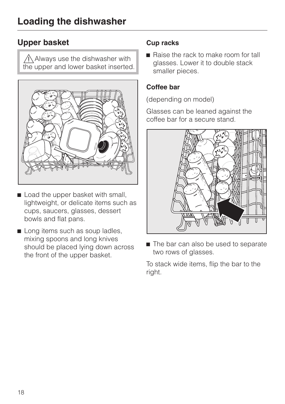 Upper basket 18, Loading the dishwasher, Upper basket | Miele INSPIRA SERIES G 2150 User Manual | Page 18 / 52