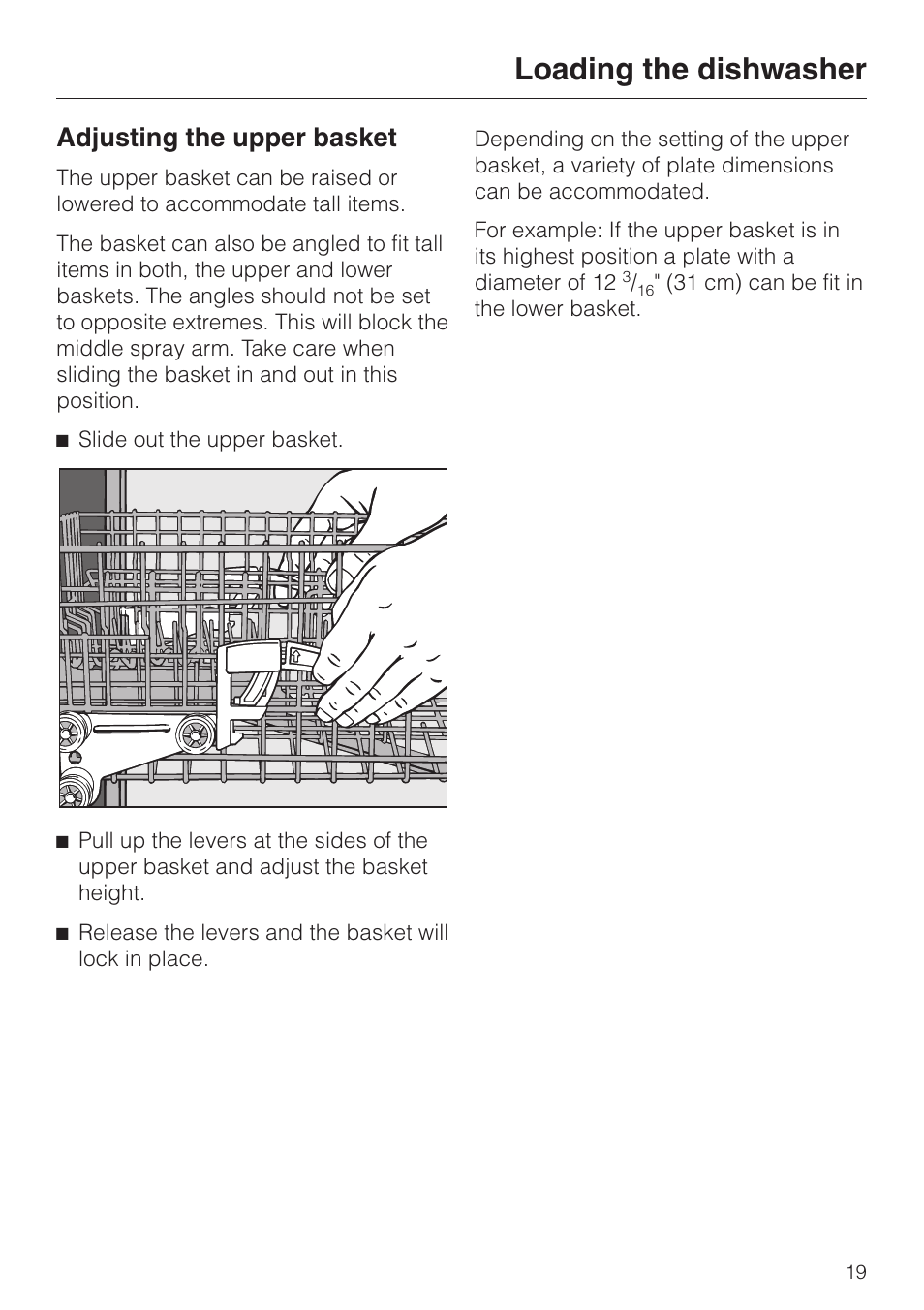 Adjusting the upper basket 19, Loading the dishwasher, Adjusting the upper basket | Miele INSPIRA SERIES G 2150 User Manual | Page 19 / 52