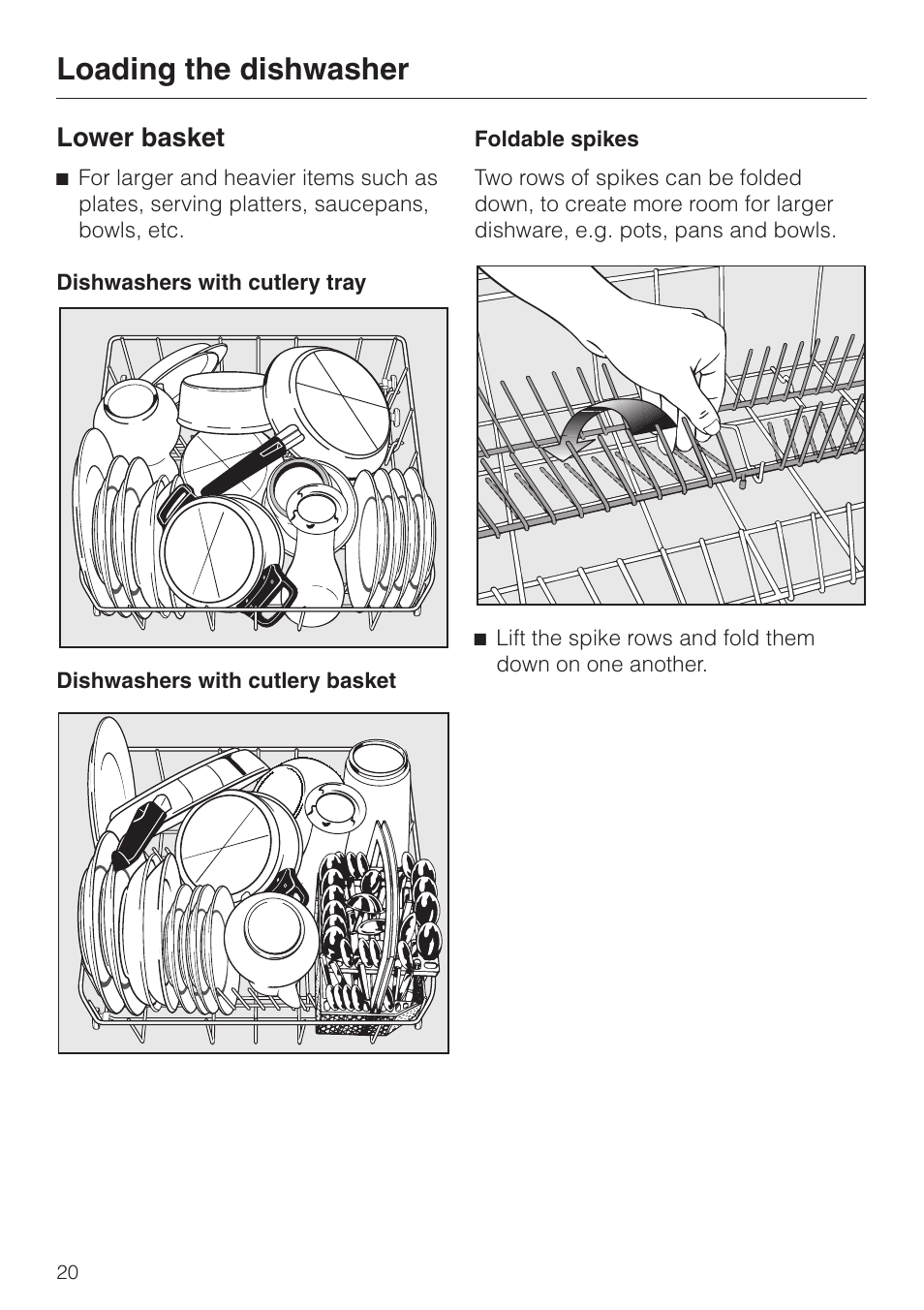 Lower basket 20, Loading the dishwasher, Lower basket | Miele INSPIRA SERIES G 2150 User Manual | Page 20 / 52