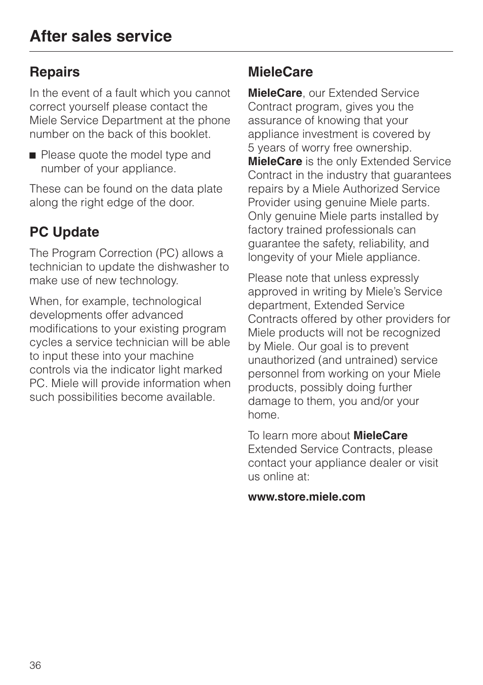 After sales service 36, After sales service, Repairs | Pc update, Mielecare | Miele INSPIRA SERIES G 2150 User Manual | Page 36 / 52