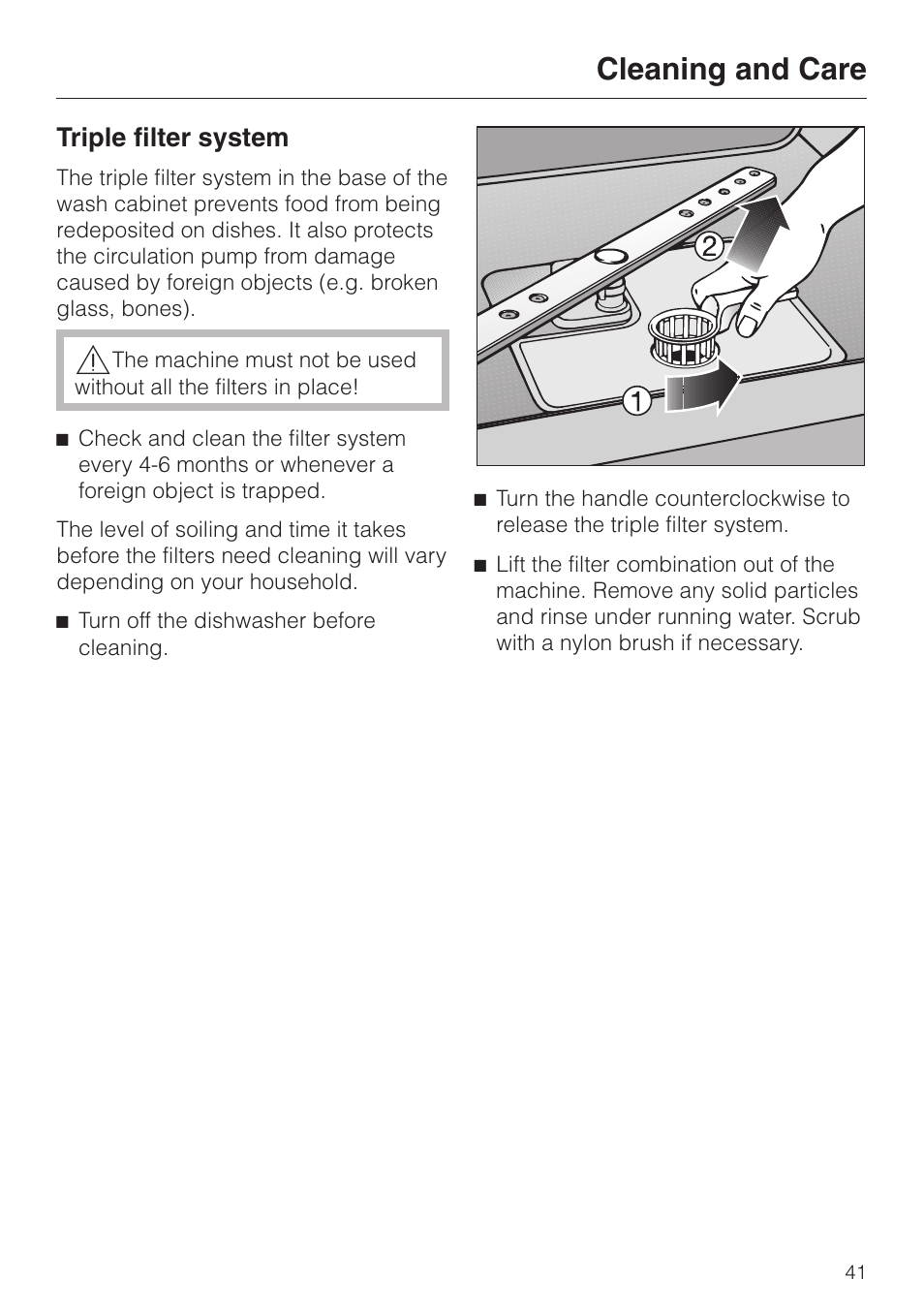 Triple filter system 41, Cleaning and care, Triple filter system | Miele INSPIRA SERIES G 2150 User Manual | Page 41 / 52