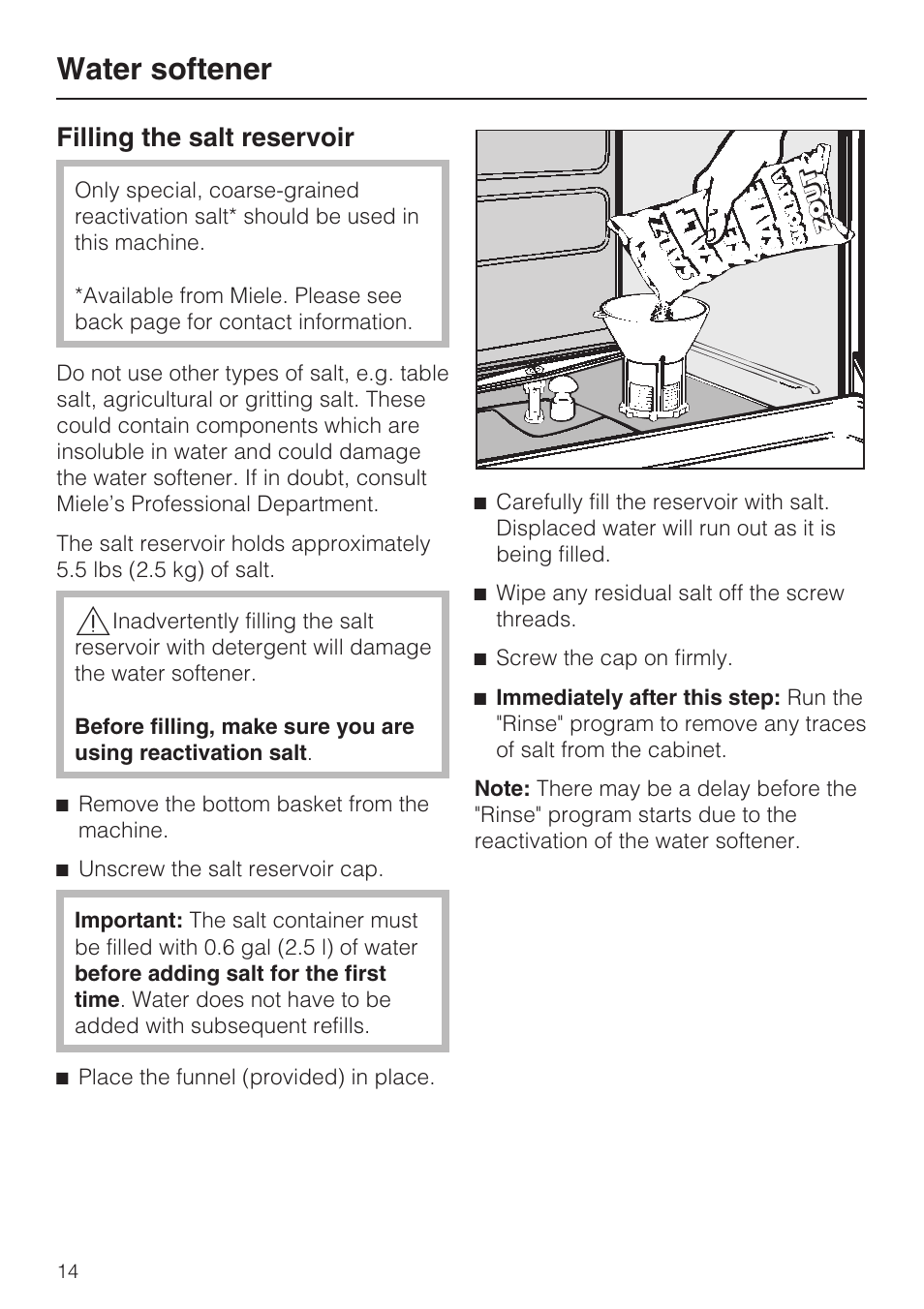 Filling the salt reservoir 14, Water softener, Filling the salt reservoir | Miele G 7856 User Manual | Page 14 / 56