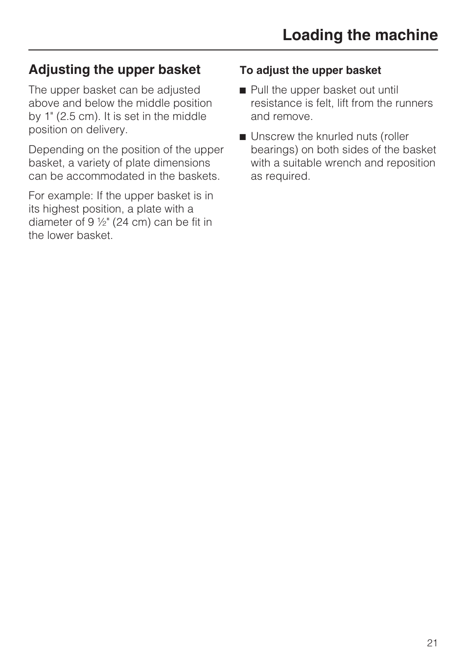 Adjusting the upper basket 21, Loading the machine, Adjusting the upper basket | Miele G 7856 User Manual | Page 21 / 56