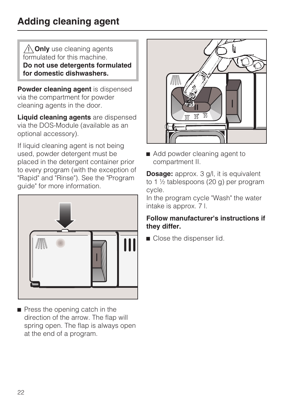 Adding cleaning agent 22, Adding cleaning agent | Miele G 7856 User Manual | Page 22 / 56