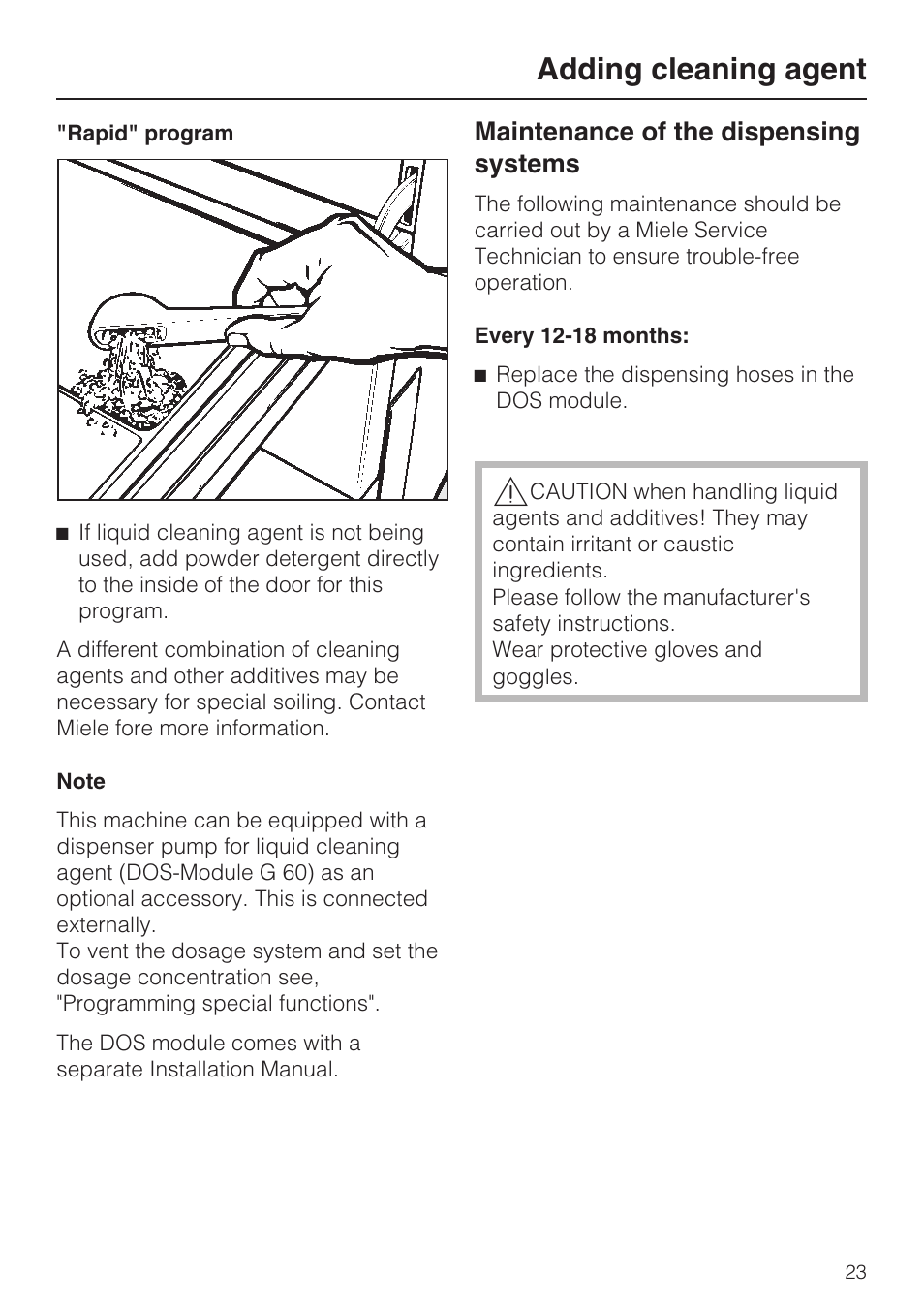 Adding cleaning agent, Maintenance of the dispensing systems | Miele G 7856 User Manual | Page 23 / 56