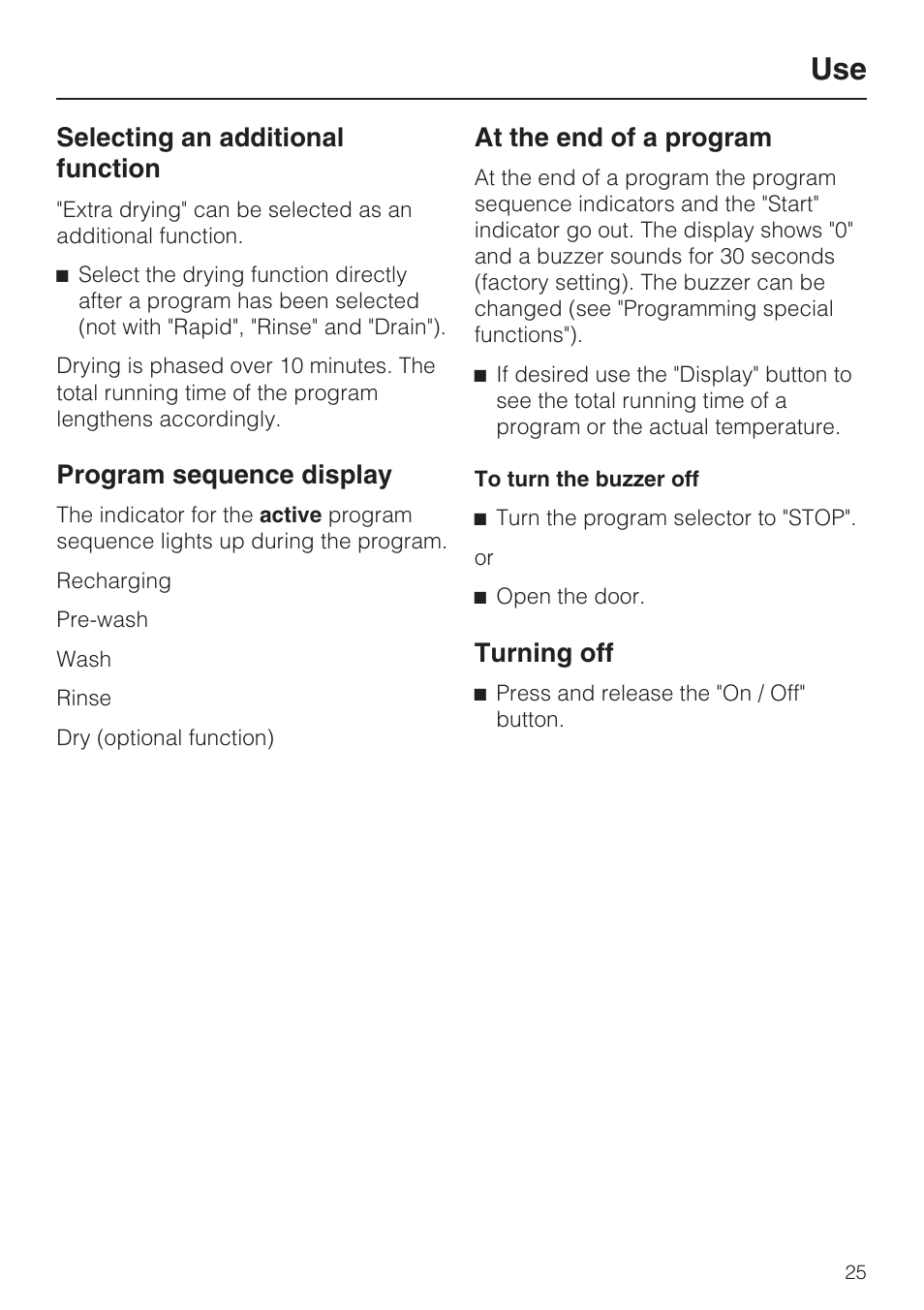 Selecting an additional function 25, Program sequence display 25, At the end of a program 25 | Turning off 25, Selecting an additional function, Program sequence display, At the end of a program, Turning off | Miele G 7856 User Manual | Page 25 / 56