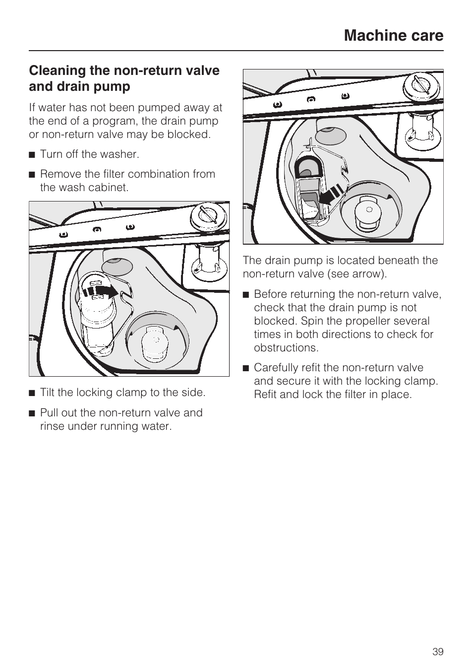 Machine care, Cleaning the non-return valve and drain pump | Miele G 7856 User Manual | Page 39 / 56