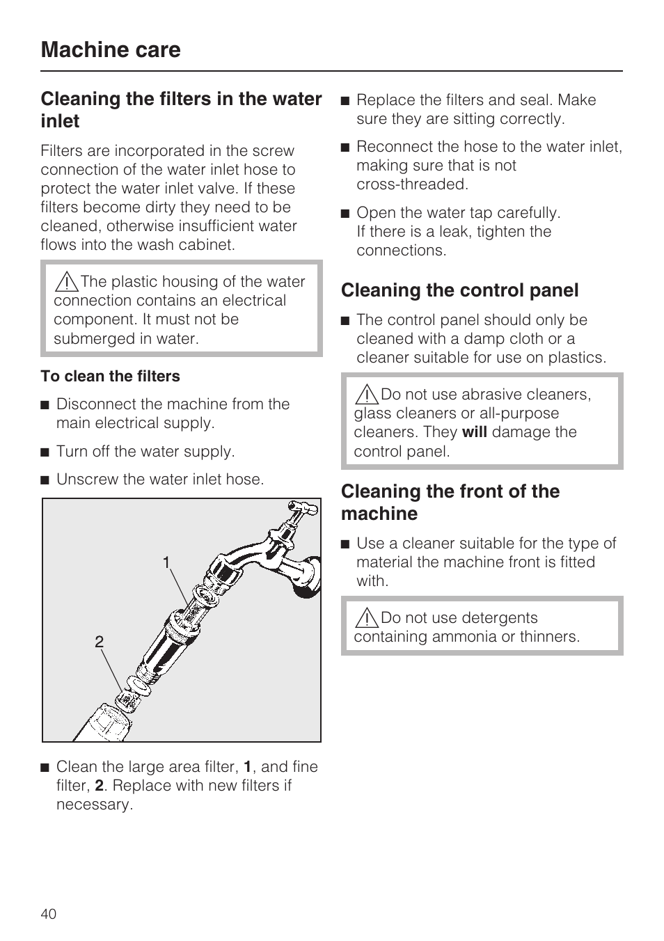 Machine care, Cleaning the filters in the water inlet, Cleaning the control panel | Cleaning the front of the machine | Miele G 7856 User Manual | Page 40 / 56