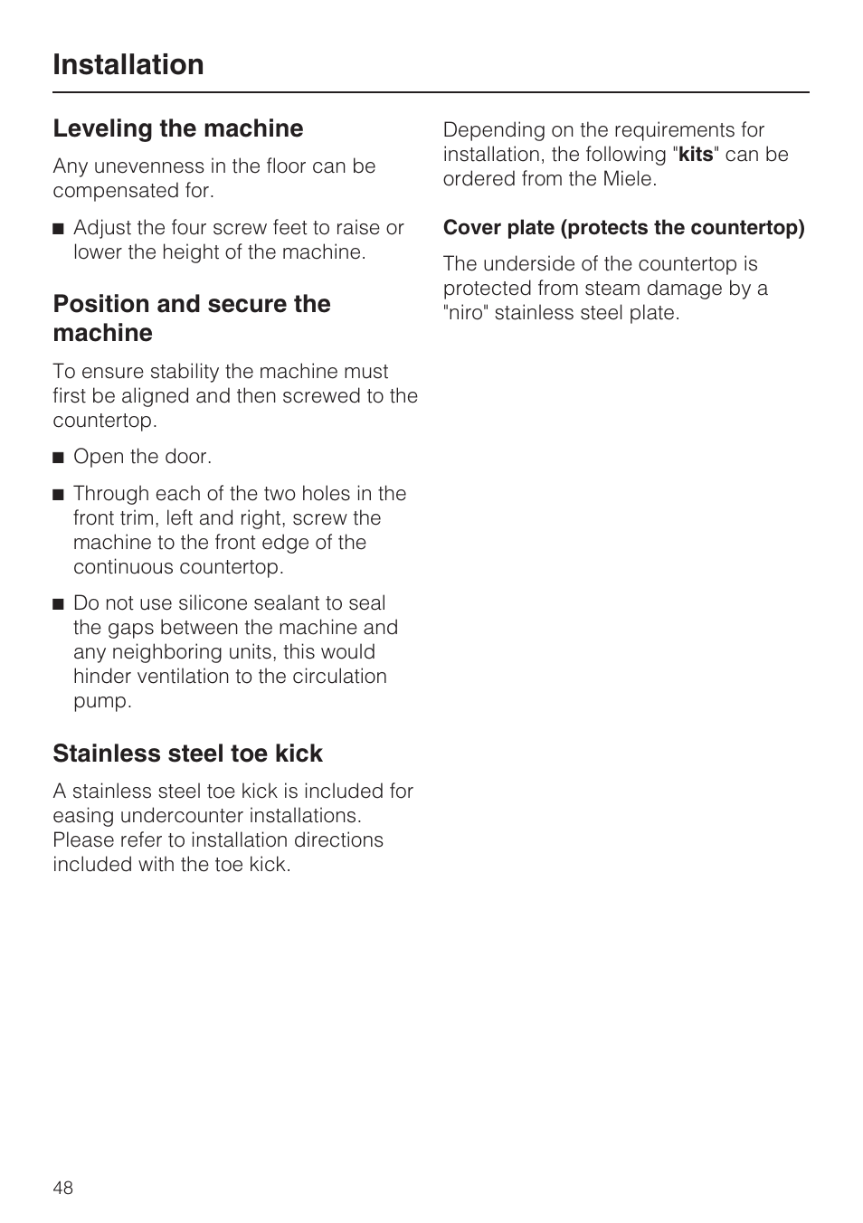 Installation, Leveling the machine, Position and secure the machine | Stainless steel toe kick | Miele G 7856 User Manual | Page 48 / 56