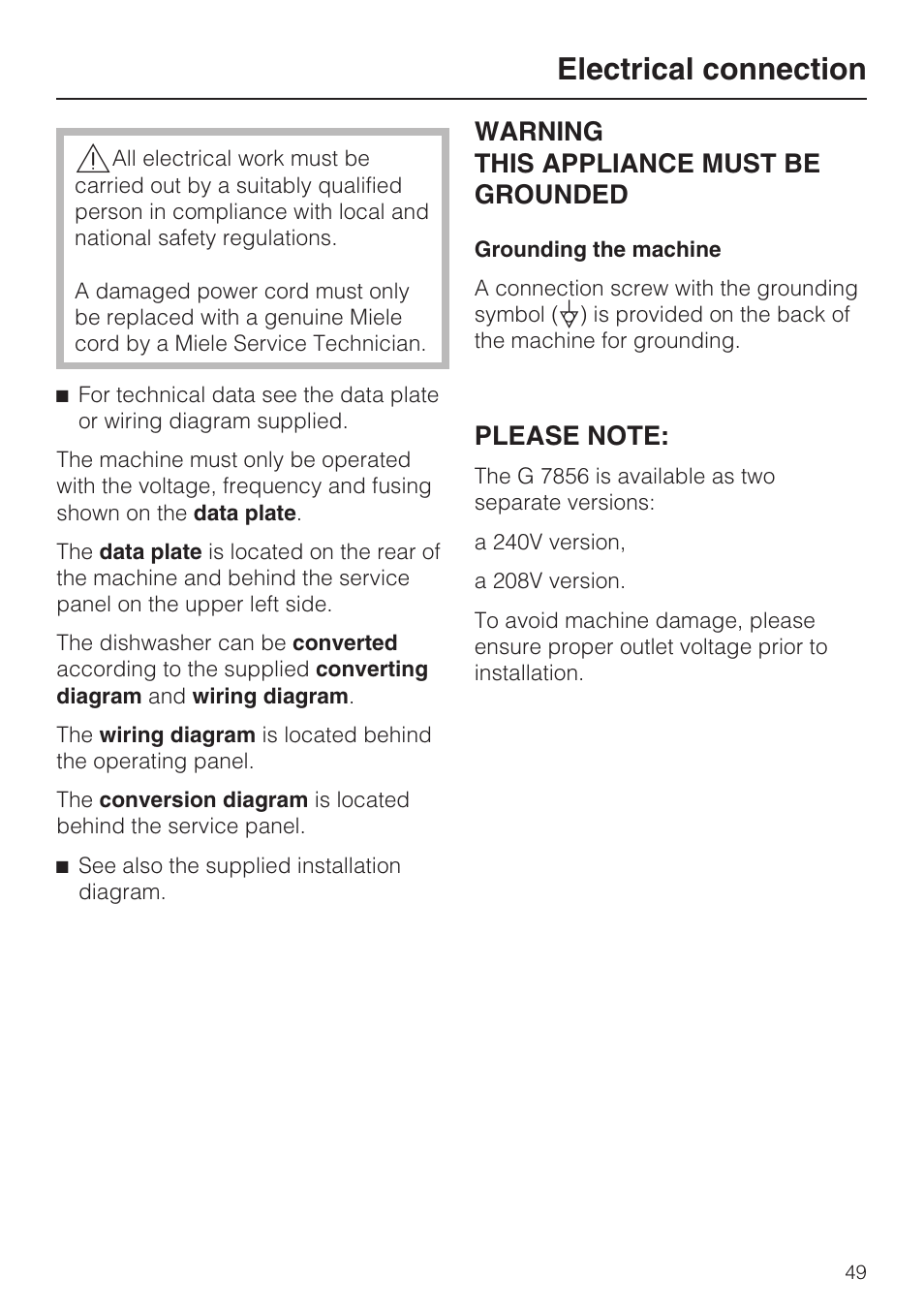 Electrical connection 49, Electrical connection, Warning this appliance must be grounded | Miele G 7856 User Manual | Page 49 / 56