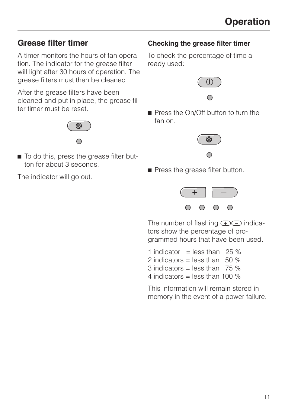 Grease filter timer 11, Checking the grease filter timer 11, Grease filter timer | Checking the grease filter timer, Operation | Miele DA 229-2 User Manual | Page 11 / 40