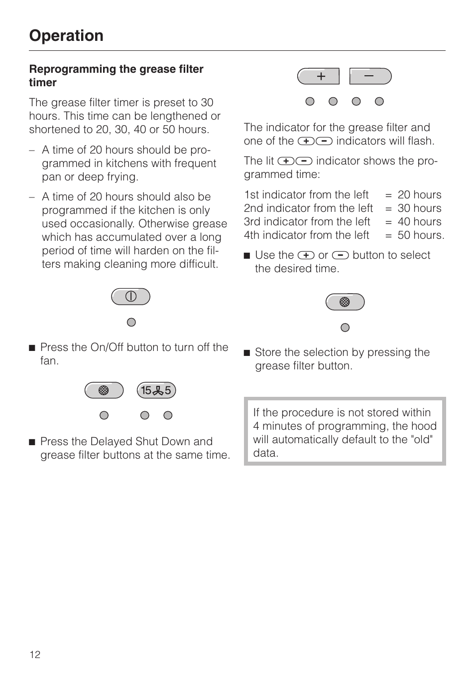 Reprogramming the grease filter timer 12, Reprogramming the grease filter timer, Operation | Miele DA 229-2 User Manual | Page 12 / 40