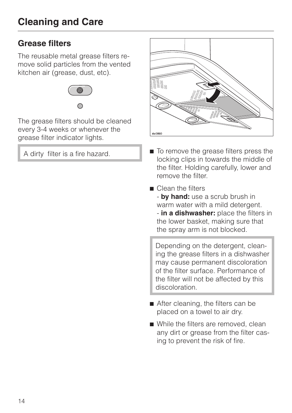 Grease filters 14, Grease filters, Cleaning and care | Miele DA 229-2 User Manual | Page 14 / 40
