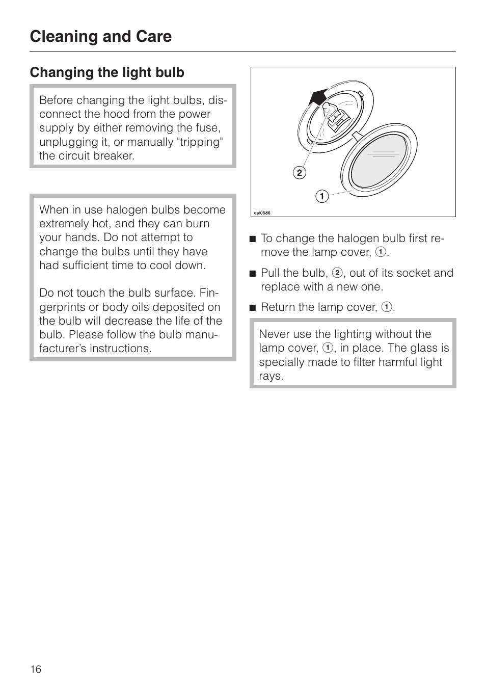 Changing the light bulb 16, Changing the light bulb, Cleaning and care | Miele DA 229-2 User Manual | Page 16 / 40