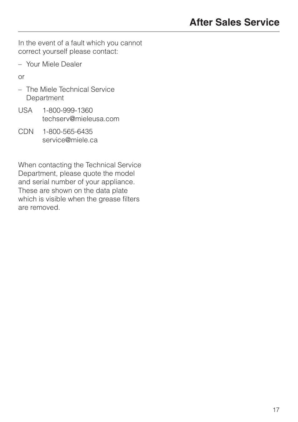 After sales ser vi ce 17, After sales service | Miele DA 229-2 User Manual | Page 17 / 40