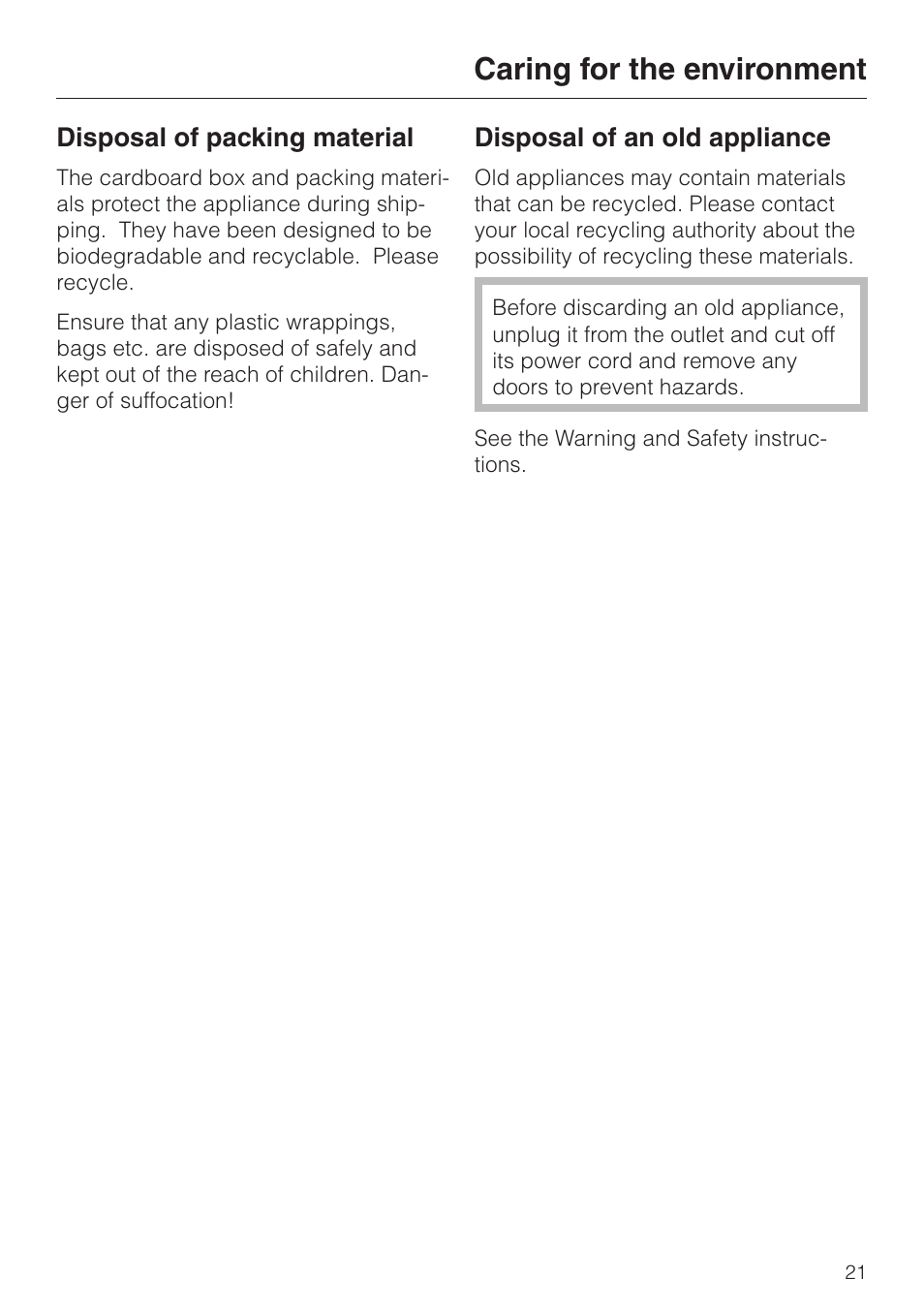 Installation instructions 19, Caring for the environment 21, Caring for the environment | Miele DA 229-2 User Manual | Page 21 / 40