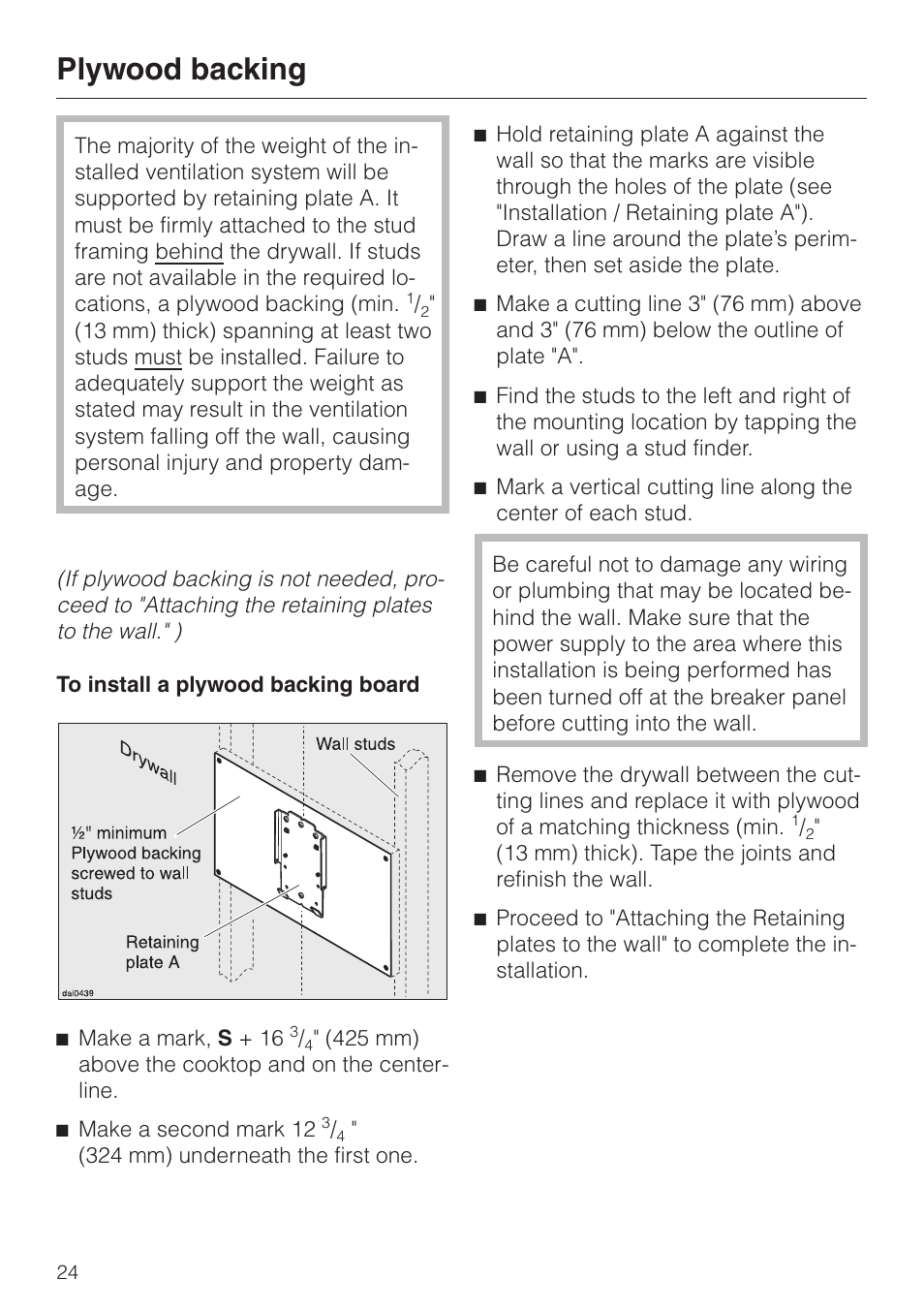 Plywood backing 24, Plywood backing | Miele DA 229-2 User Manual | Page 24 / 40