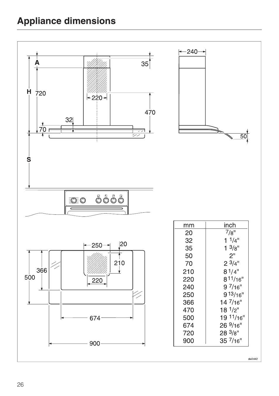 Appliance dimensions 26, Appliance dimensions | Miele DA 229-2 User Manual | Page 26 / 40