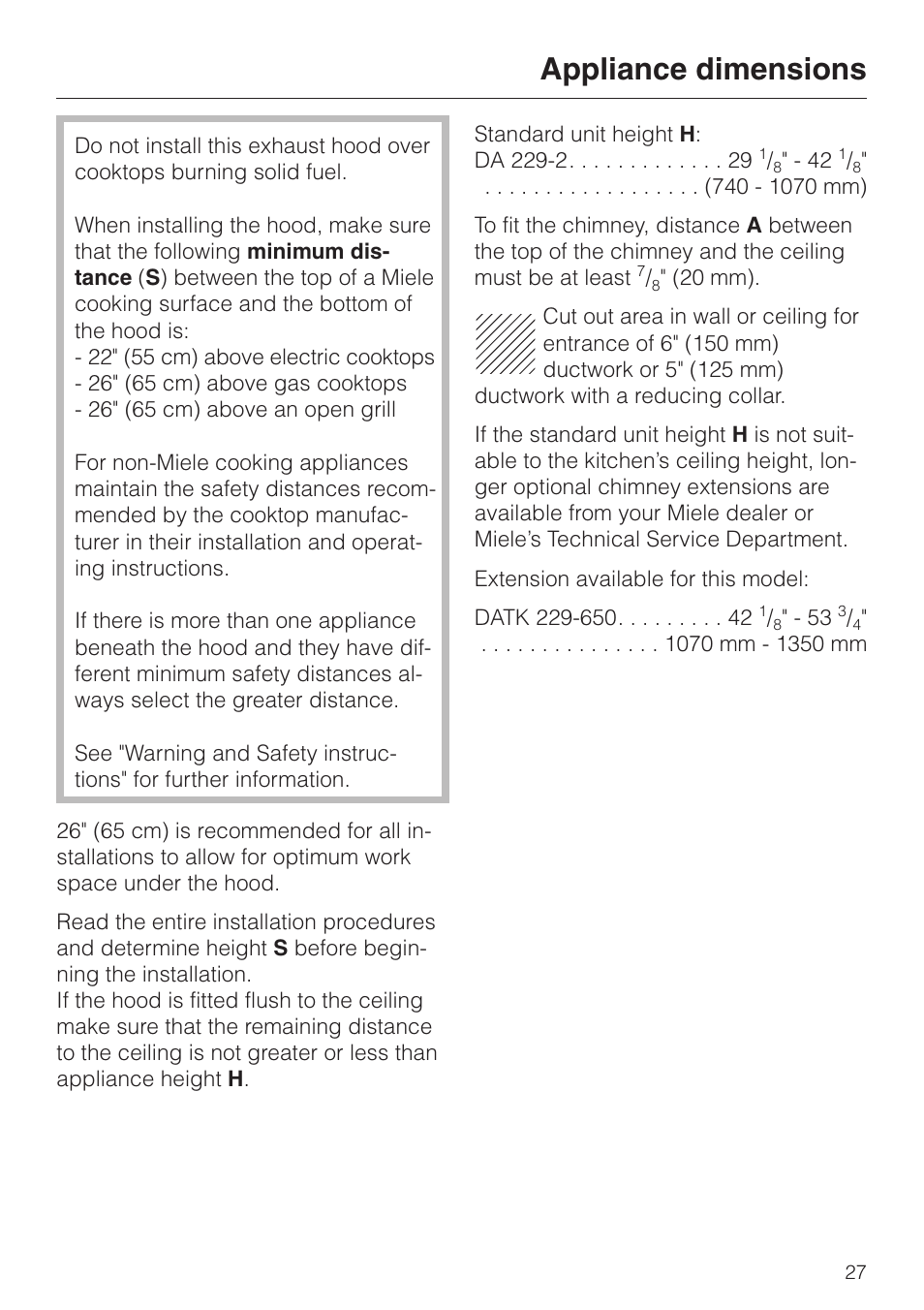 Appliance dimensions | Miele DA 229-2 User Manual | Page 27 / 40