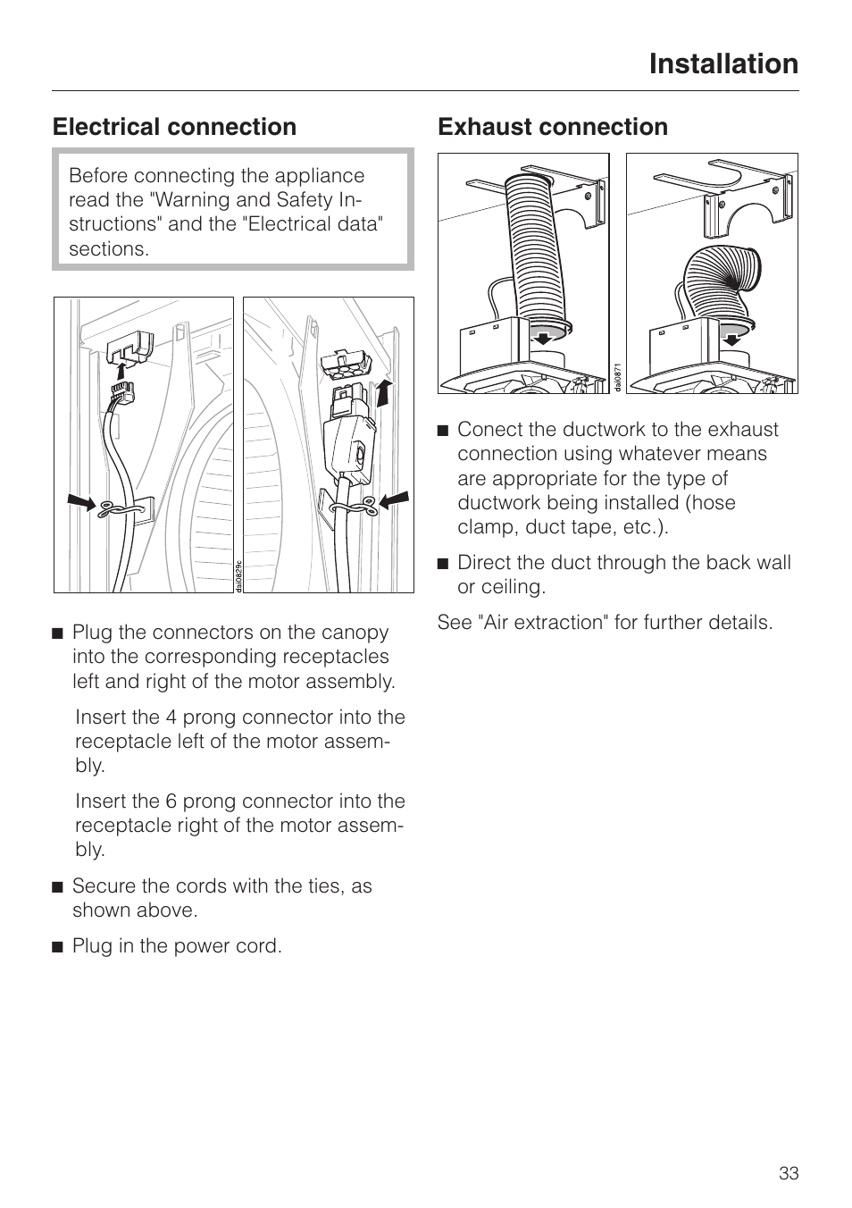 Electrical connection 33, Exhaust connection 33, Electrical connection exhaust connection | Installation, Electrical connection, Exhaust connection | Miele DA 229-2 User Manual | Page 33 / 40