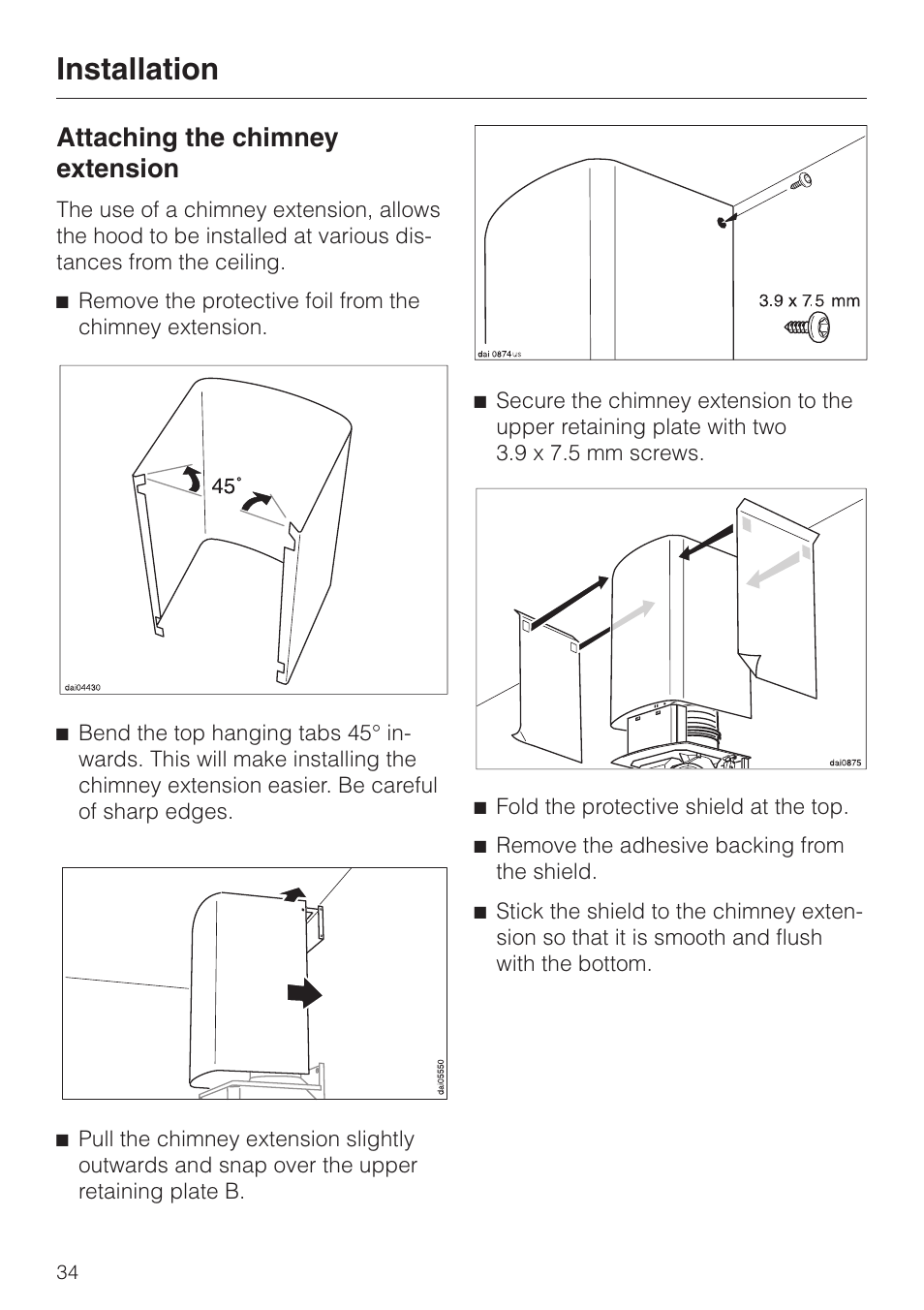 Attaching the chimney extension 34, Attaching the chimney extension, Installation | Miele DA 229-2 User Manual | Page 34 / 40