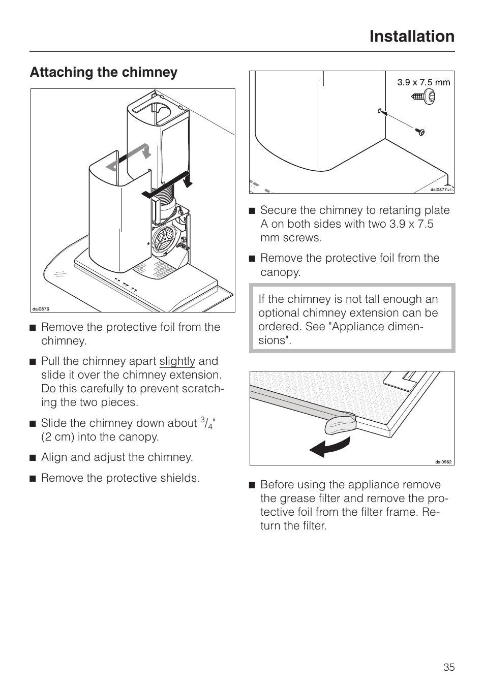 Attaching the chimney 35, Attaching the chimney, Installation | Miele DA 229-2 User Manual | Page 35 / 40