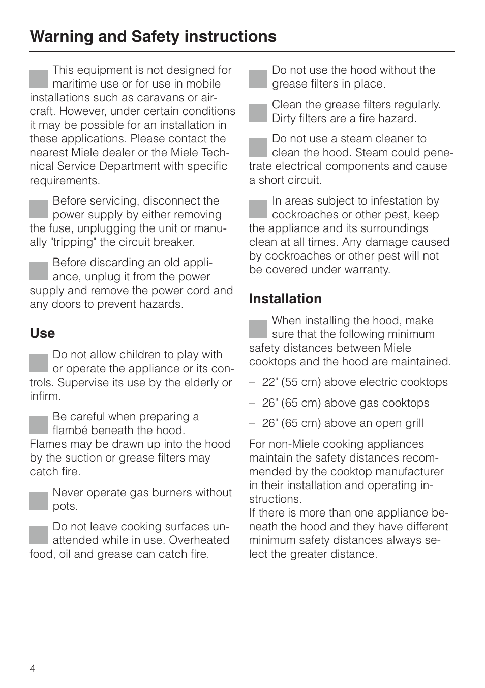 Warning and safety instructions, Installation | Miele DA 229-2 User Manual | Page 4 / 40