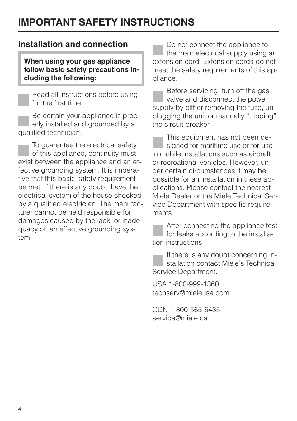 Important safety instructions 4, Important safety instructions, Installation and connection | Miele KM 344 KM 342 User Manual | Page 4 / 24