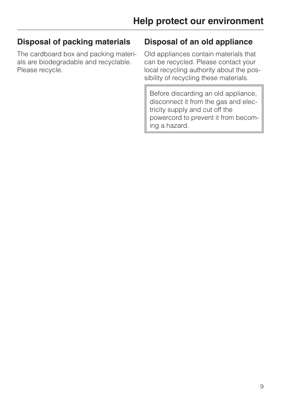 Help protect our environment 9, Help protect our environment | Miele KM 344 KM 342 User Manual | Page 9 / 24