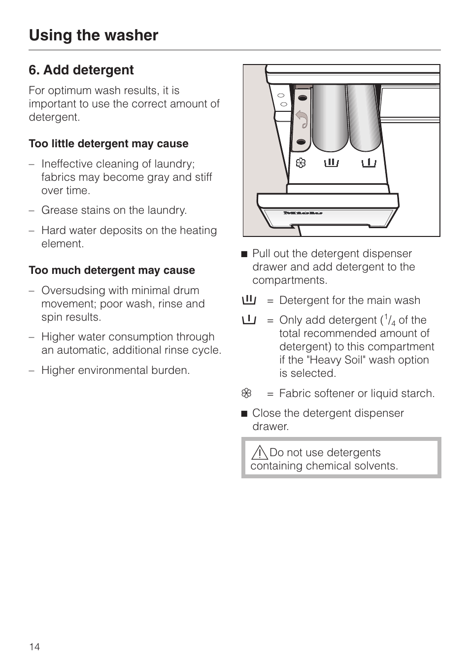 Add detergent 14, Add detergent, Using the washer | Miele W 1119 User Manual | Page 14 / 56