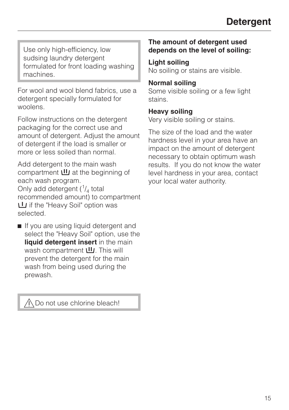 Detergent 15, Detergent | Miele W 1119 User Manual | Page 15 / 56