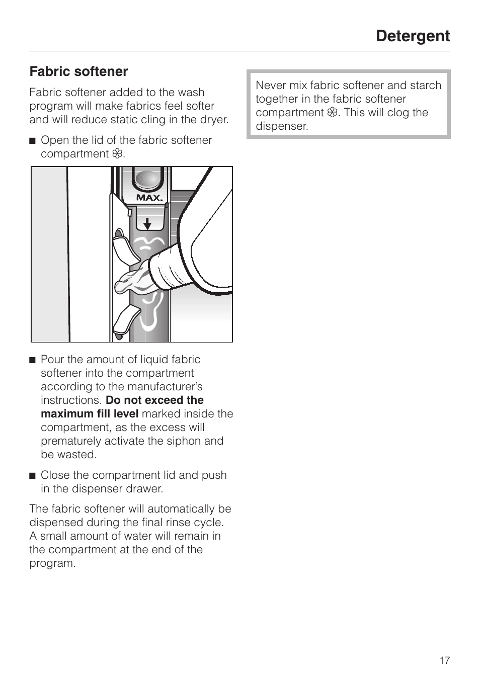 Fabric softener 17, Fabric softener, Detergent | Miele W 1119 User Manual | Page 17 / 56