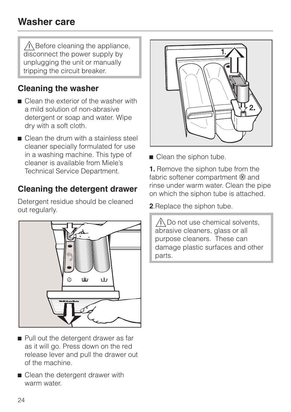Washer care 24, Cleaning the washer 24, Cleaning the detergent drawer 24 | Washer care, Cleaning the washer cleaning the detergent drawer, Cleaning the washer, Cleaning the detergent drawer | Miele W 1119 User Manual | Page 24 / 56
