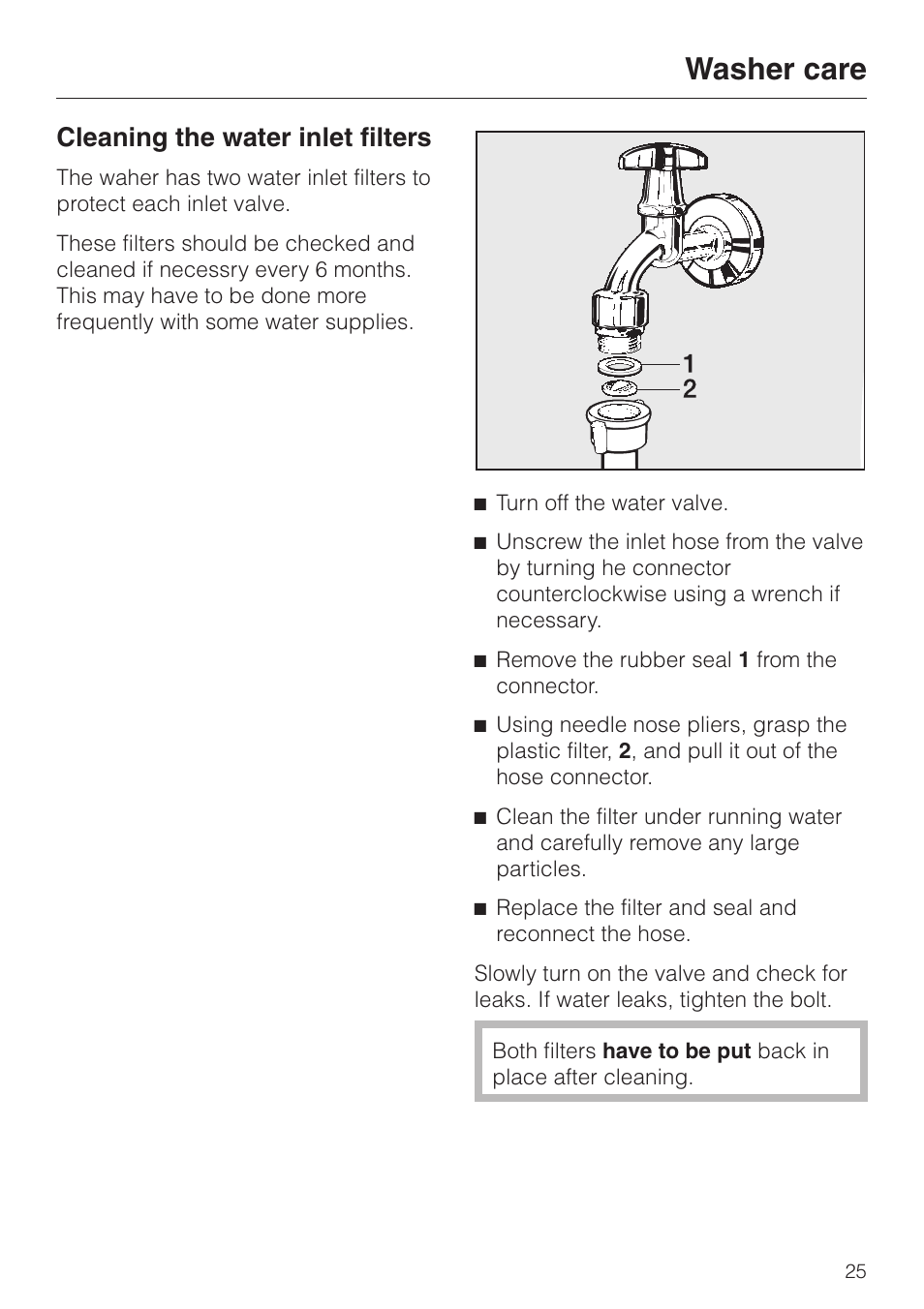 Cleaning the water inlet filters 25, Cleaning the water inlet filters, Washer care | Miele W 1119 User Manual | Page 25 / 56