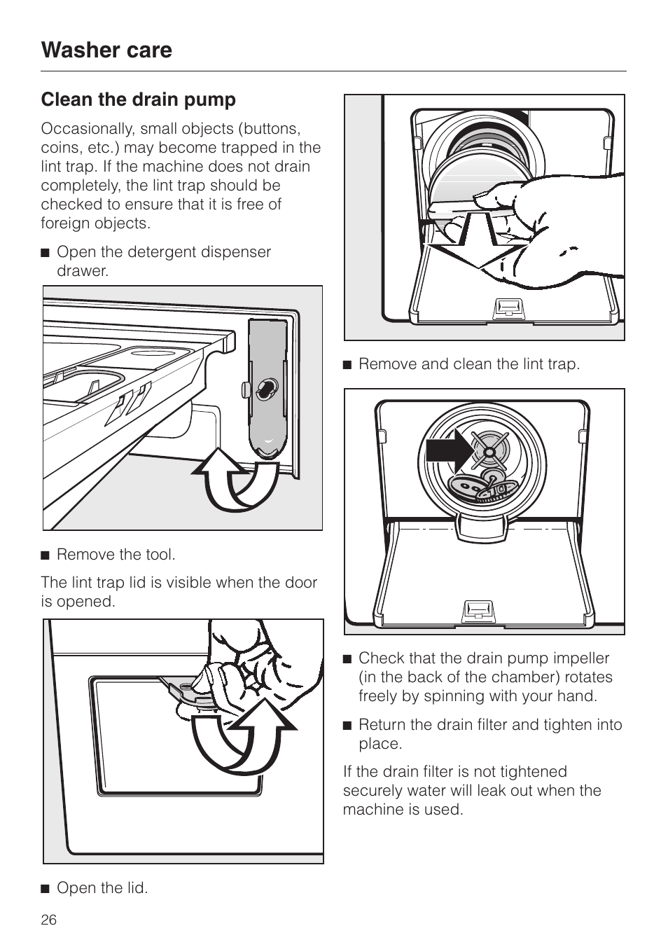 Clean the drain pump 26, Clean the drain pump, Washer care | Miele W 1119 User Manual | Page 26 / 56